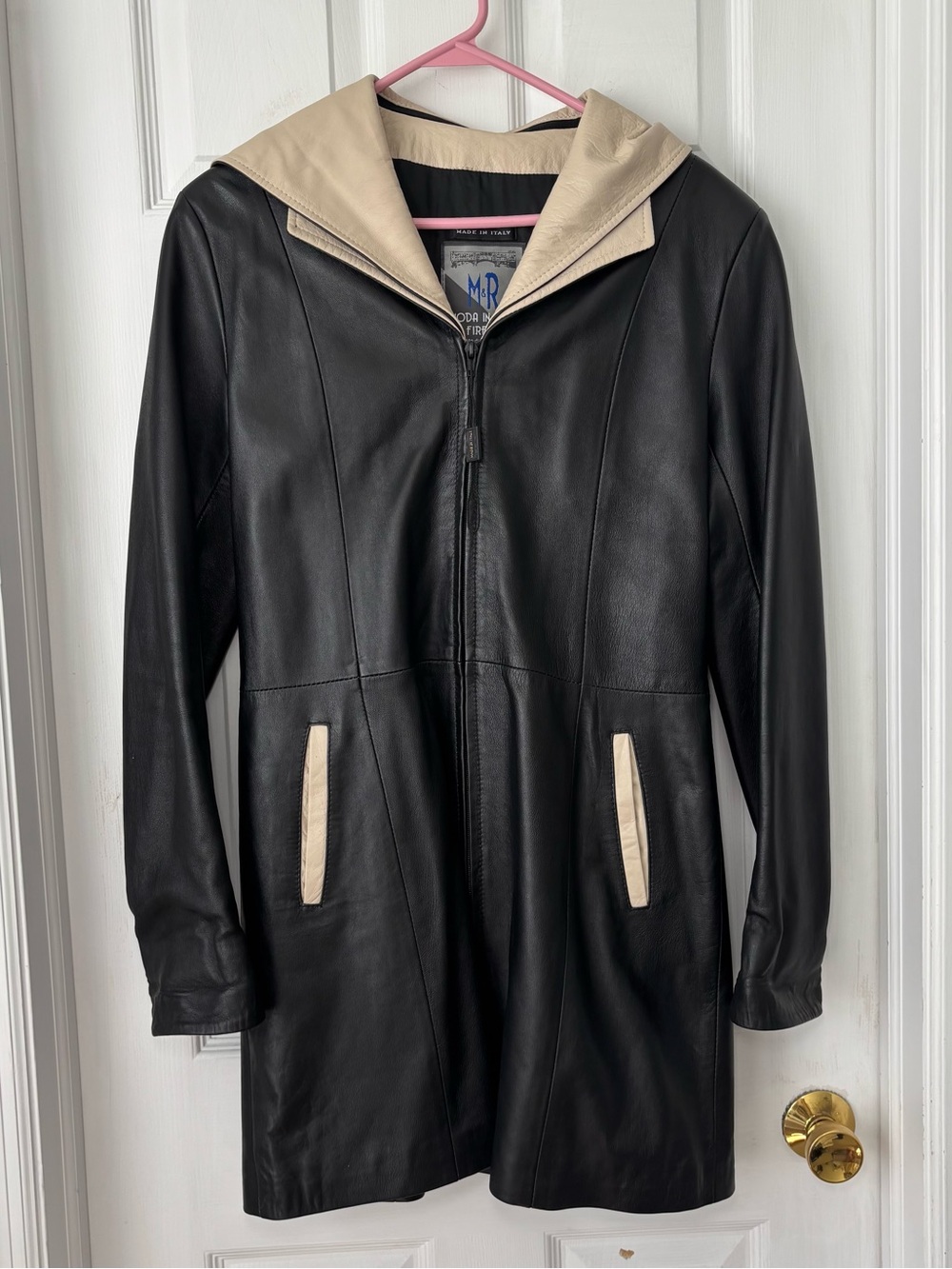 M&R Black and Cream Faux Leather Trench Coat Jacket